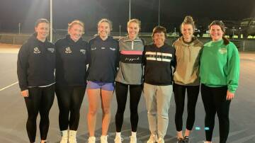 Charlton A-grade netballers Ellie Rae, Megan Bruns, Claudia Lee, Kirsty McKenzie and Holly Thompson, with their coach Annie Hockey and assistant Kim Fitzpatrick - Maddi's mum - at training on Thursday night. Absent from the photo are Sabrina Thompson, Lauren Campbell, Kiara Perry and Chloe Walsh.