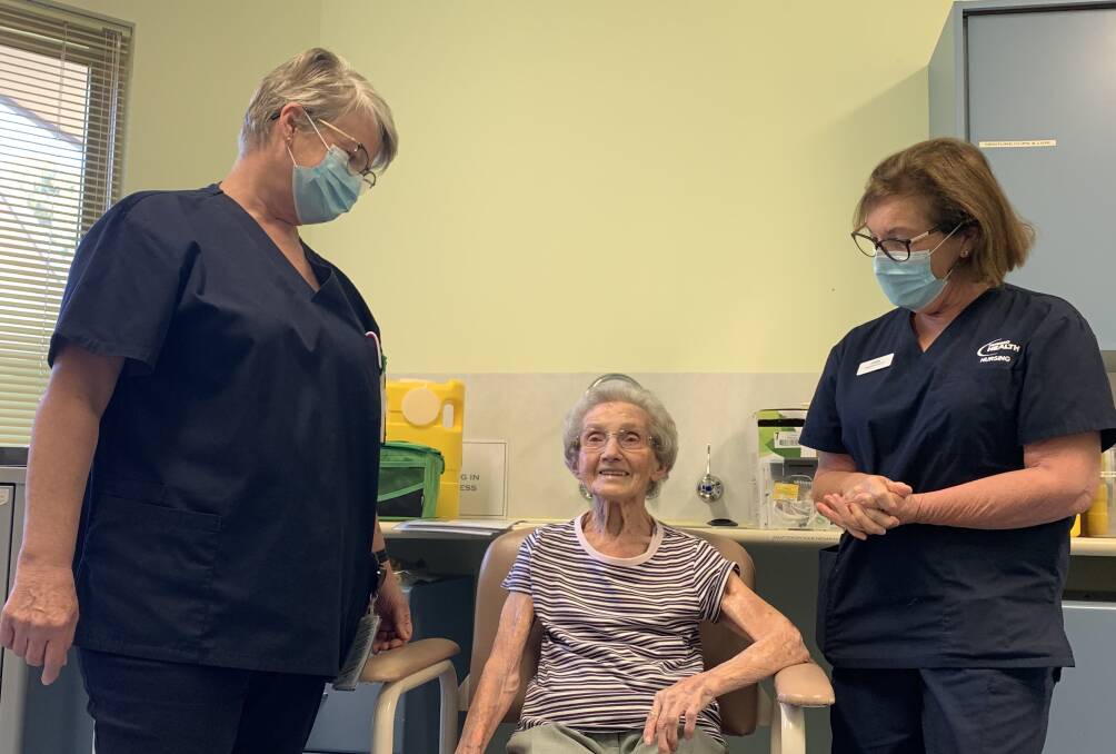 ALL SMILES: Joan Pinder Nursing Home resident Peg King was happy to receive her first COVID-19 vaccination on Wednesday. Picture: NICHOLAS NAKOS