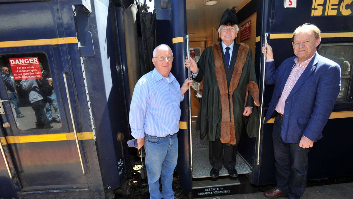 150 years of rail celebrations. Great grandsons of former Mayor Robert Burrowes (who welcomed the first steam train to Bendigo in 1862) Peter and Alan Burrowes with Alec Sandner. Picture: Julie Hough