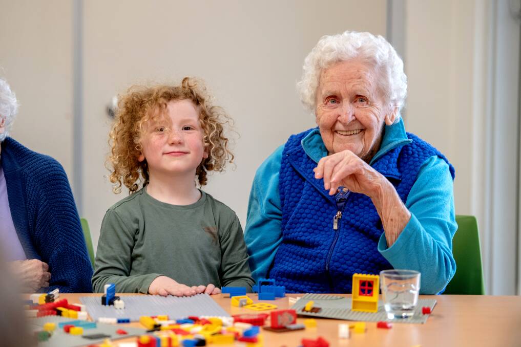 Helen Jessen Early Learning Centre kinder student Leo Turner with Joan Pinder Nursing Home resident Amy Rothacker. Picture by Kate Monotti/Bendigo Health