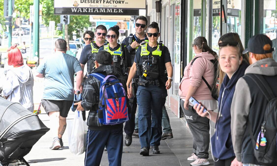 Bendigo police patrolling in Mitchell Street as part of Operation Flower back in March. Picture by Darren Howe