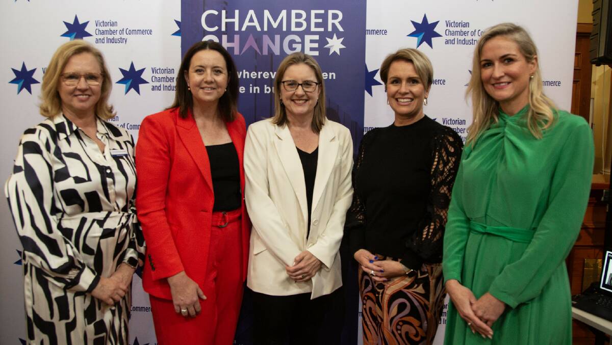 Chamber Change project manager Vivian Gard, AFS & Associates CEO Kate Mannix, Victorian Deputy Premier Jacinta Allan, Bendgio TAFE CEO Sally Curtain and Victorian Chamber Chief of Staff Chanelle Pearson at the recent Bendigo event. Picture supplied.
