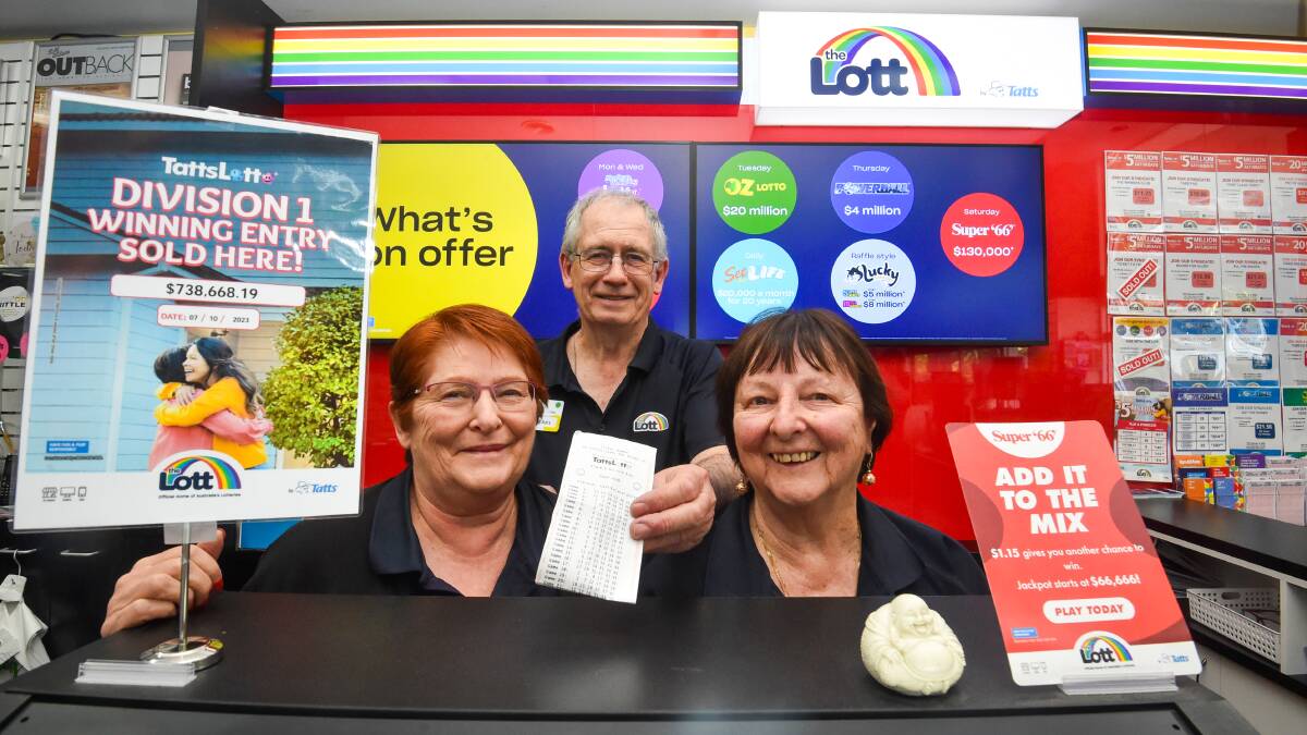 City Central Newsagency's Geraldine Clohesy, Terry Clohesy and Barbara Duble are all smiles after selling a winning division one TattsLotto ticket. Picture by Darren Howe. 