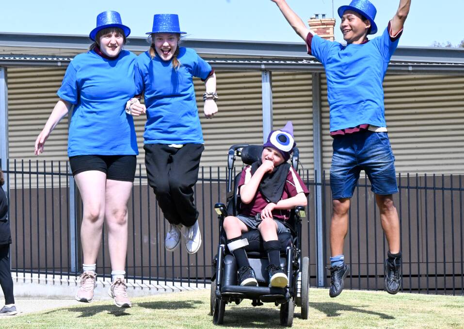 Bendigo Special Development Schoo students Hannah, Laura, Finn and Bleh Hel are ready to star in 'Searching for a Rainbow'. Picture: DARREN HOWE