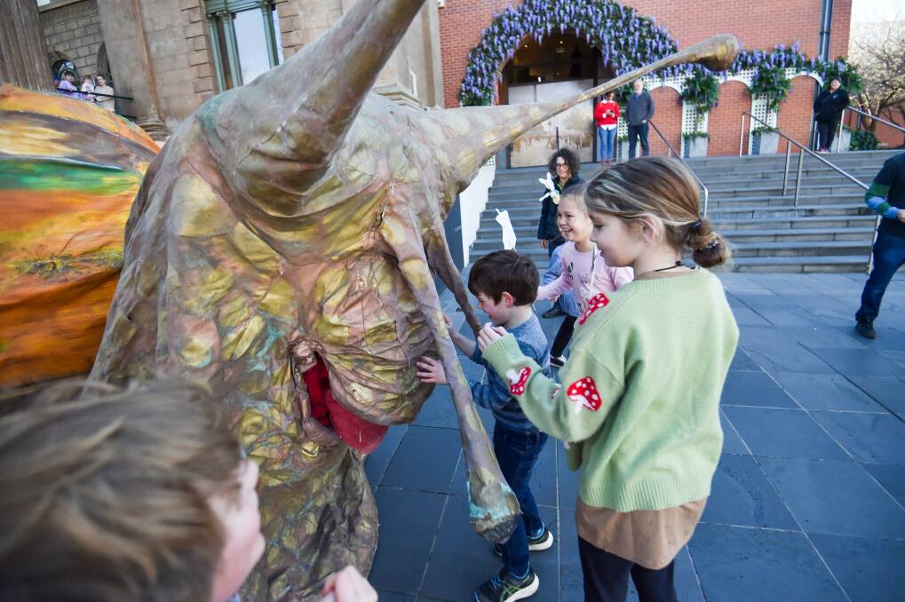 A giant puppet snail measuring 2.6m high and weighing 145kg was let loose in Bendigo on Tuesday, July 2, 2024. Pictures by Darren Howe