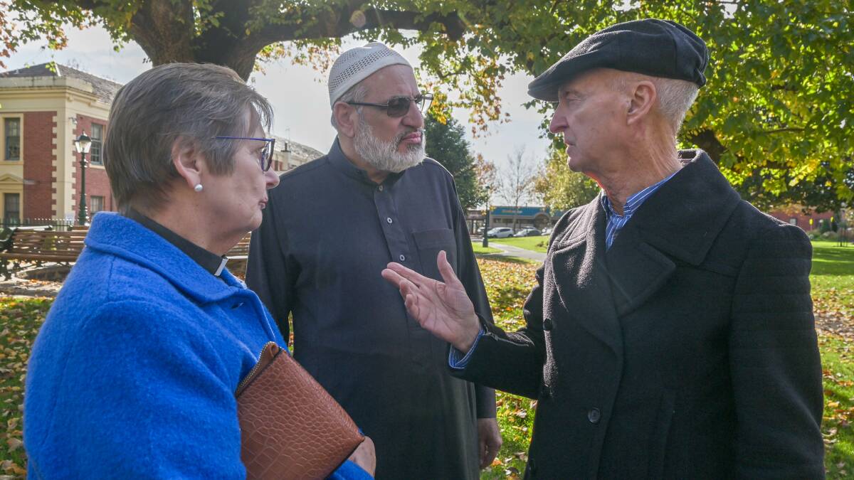 Anglican Church's Heather Marten, Muslim community's Atalla Khawaldeh and the Great Stupa's Ian Green at the leaders gathering. Picture by Enzo Tomasiello