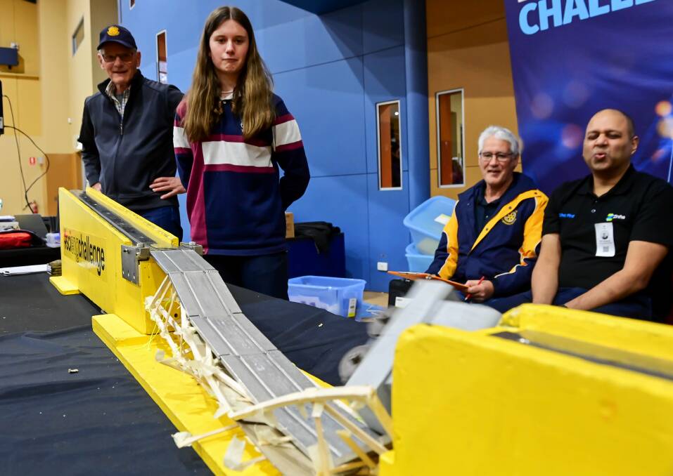 Weeroona College student Alyssa Beaton looks on as her team's bridge collapses at the Science and Engineering Challenge Day. Picture by Brendan McCarthy 