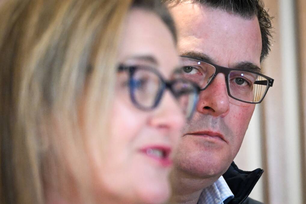 Premier Dan Andrews looks on as Jacinta Allan addresses the media on Wednesday about the legacy of the now cancelled Games plans. Picture by Darren Howe