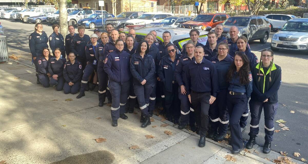 Paramedics staged a "show of support" outside Bendigo law courts on Monday for a colleague appearing as the alleged victim of a punching incident. Picture supplied