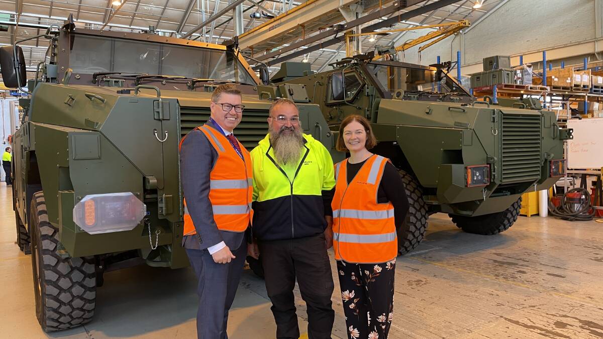National Minister for Defence Industry Pat Conroy with Thales worker Mick and Member for Bendigo Lisa Chesters. Picture by Jonathon Magrath