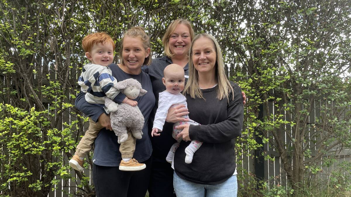 Emma and Logan Jensen, St John of God Bendigo Hospital maternity unit manager Nicole Harris and Melissa and Eloise Lehman fought to keep the service. Picture by Jonathon Magrath
