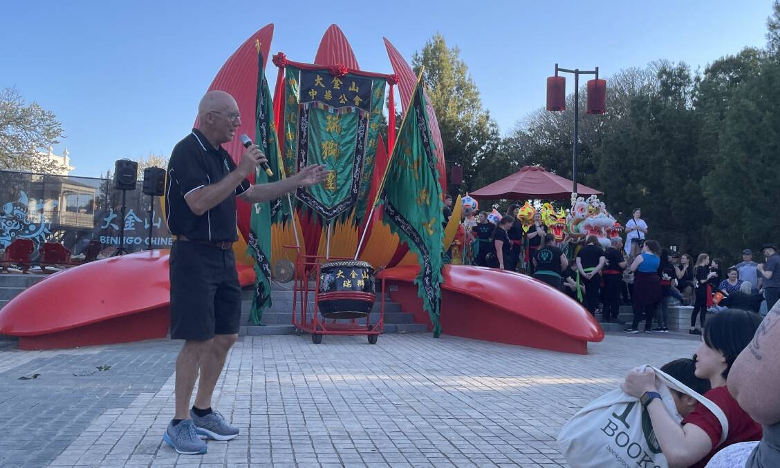 Bendigo Chinese Association president Doug Lougoon addresses the crowd at the Harvest Moon Festival. Picture by Jonathon Magrath