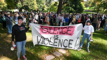 A large crowd gathered in Rosalind Park for the rally. Picture by Enzo Tomasiello