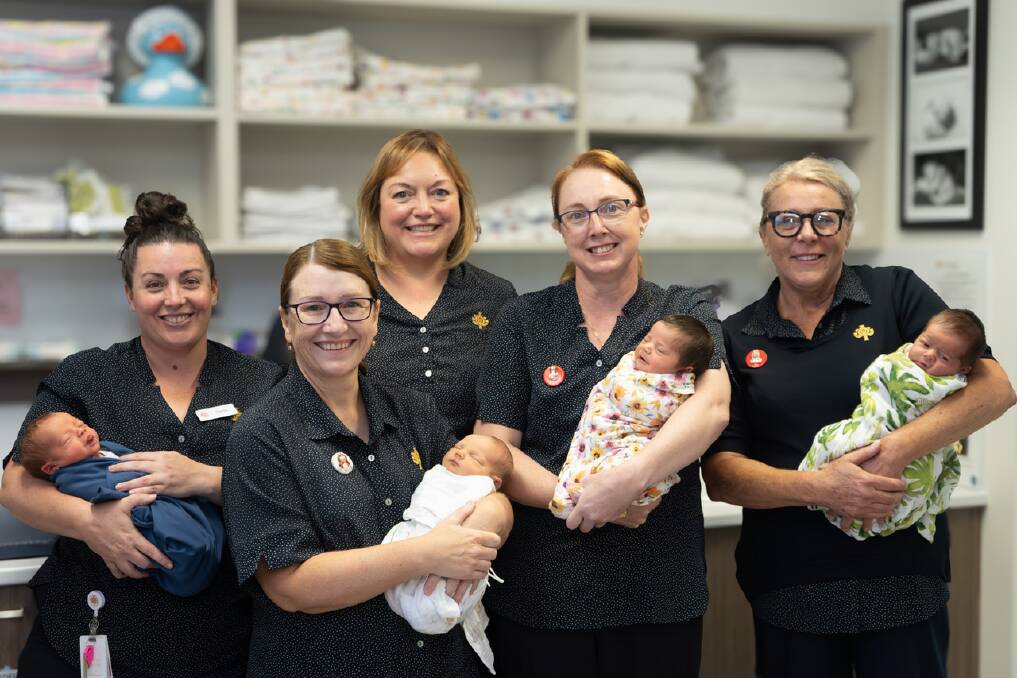 St John of God Bendigo Hospital midwives Sarah Perry, Georgina O'Sullivan, Nicole Harris, Melissa McLean and Joane Jury with newborn babies. Picture supplied