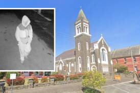 CCTV footage of the hooded suspect (inset) and the Immaculate Conception Catholic Church in Ararat. Picture Victoria Police/Google Maps