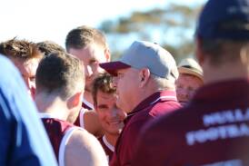 Nullawil coach Darryl Wilson adressing his playing group earlier this season. Picture by Blake Lee