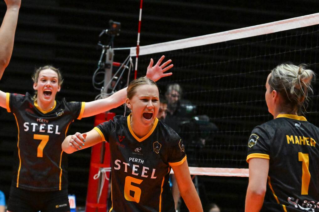 The Perth Steel women's team celebrate a massive point in their gold medal match against Queensland Pirates. Picture by Darren Howe 