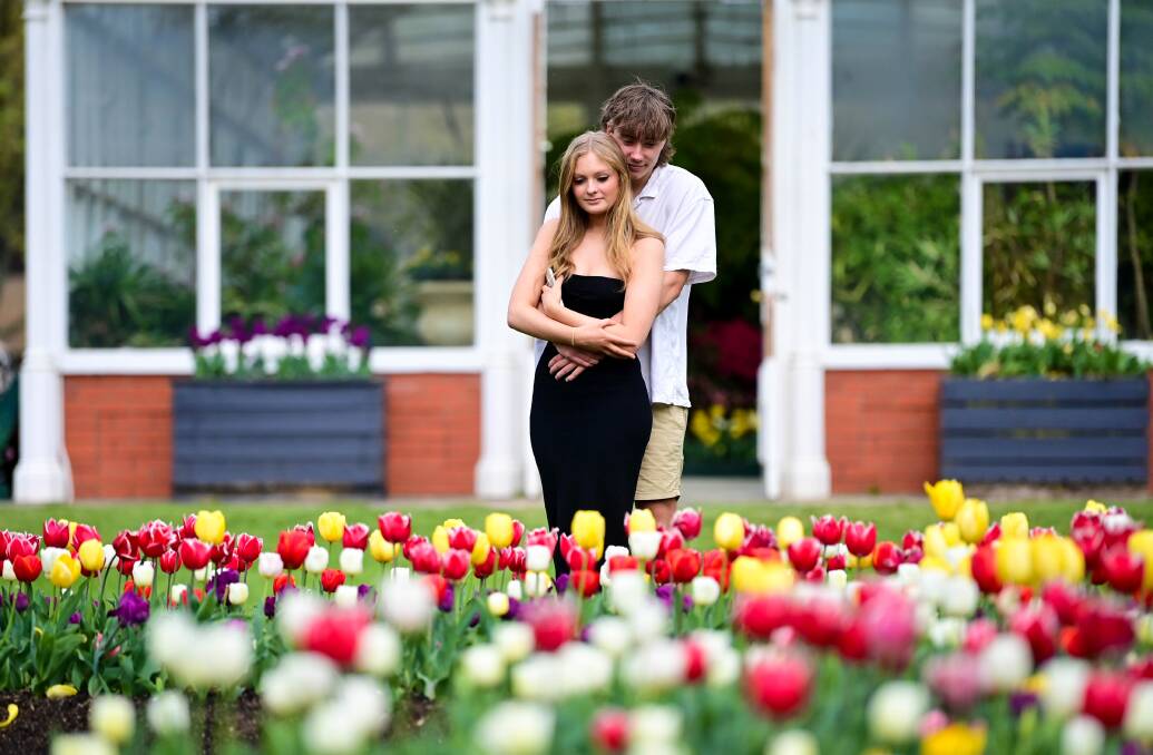 Koby Westcott and Ava Di Flumeri check out the tulips at Conservatory Gardens. Picture by Brendan McCarthy 