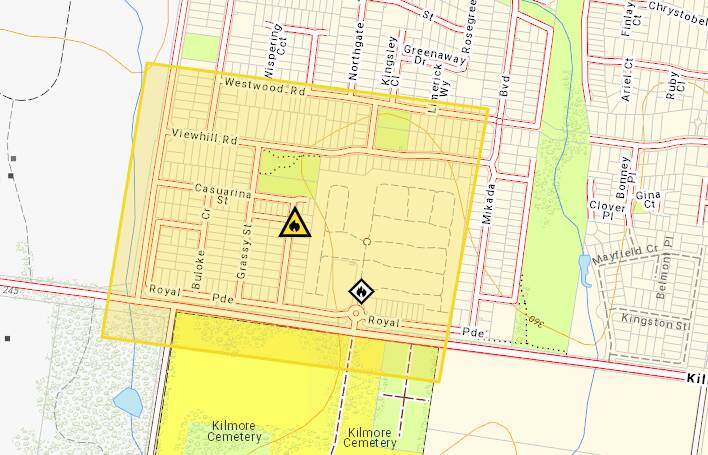 The warning area surrounding a structure fire in Kilmore. Picture VicEmergency