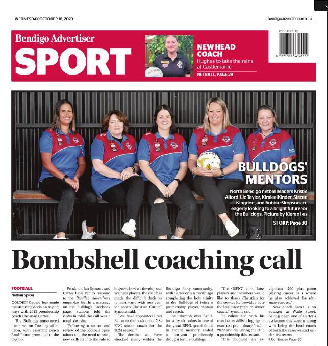 The sport front page of the Bendigo Advertiser on October 18. 