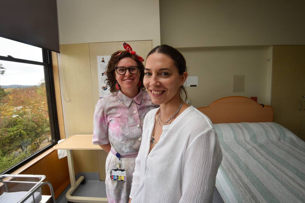 Midwife Maegan Kendall with mother Danielle Nault are delighted with the Midwifery Group Practice maternity model in Castlemaine. Picture by Darren Howe
