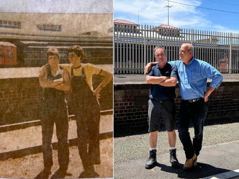 Bendigo Peter Reeves as a railway trainee with fellow trainee Rod Jacobs (also of Bendigo) in the early 1980s. Both still work with V/Line and and recreated the original photo last year. Picture supplied
