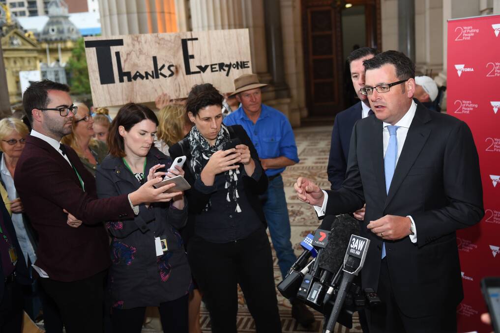 Premier Daniel Andrews speaks to media after the government introduced legislation to ban fracking in November last year. Picture: VINCE CALIGIURI