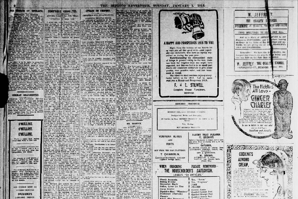 Page 2 of the Bendigo Advertiser, January 1, 1918.