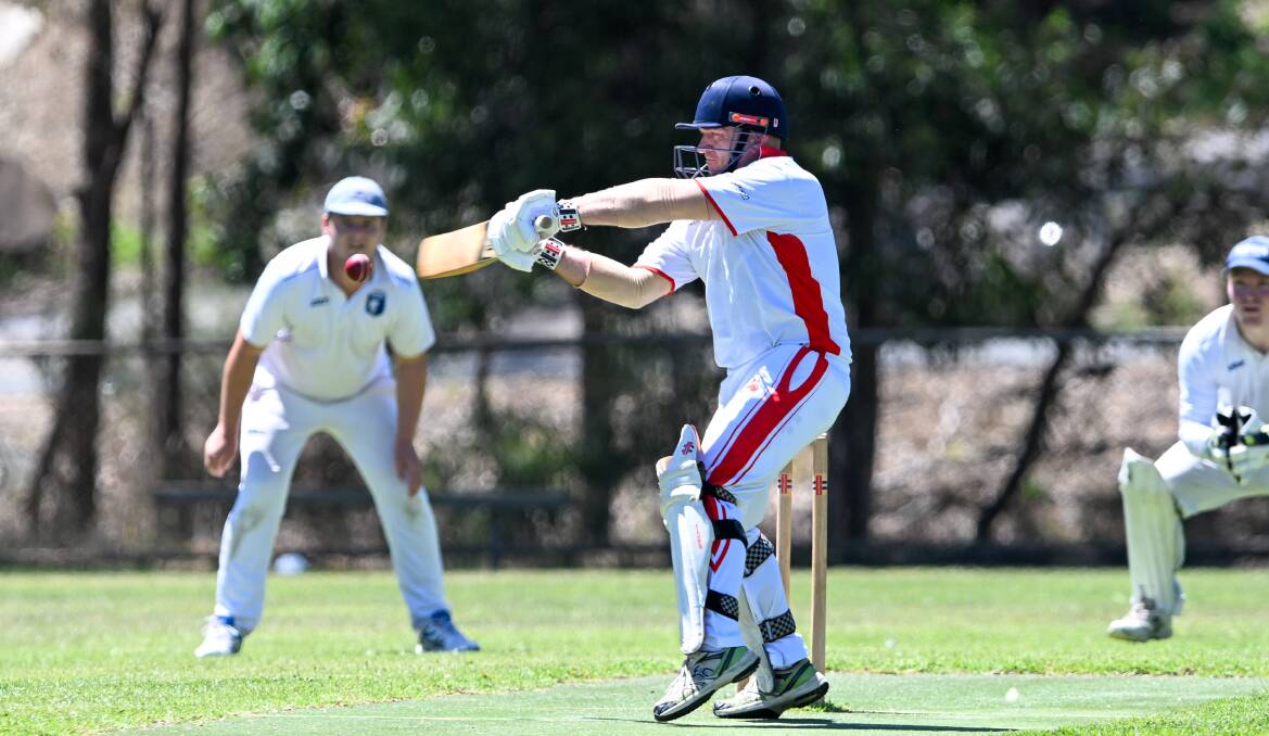 Mandurang's Matt Pask plays a cut shot during his innings of 40 against Marong on Saturday. Picture by Enzo Tomasiello