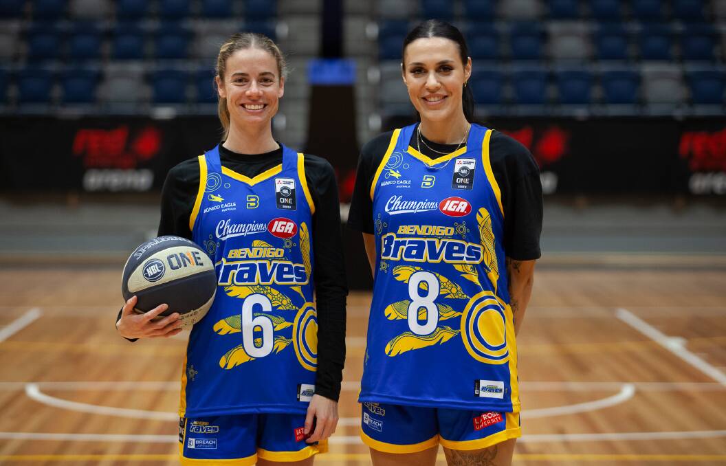 Bendigo Braves duo Cassidy McLean and Ally Wilson with the club's indigenous jerseys worn on Saturday's final home game of the home and away season. Picture by Steve Blake, Akuna Photography