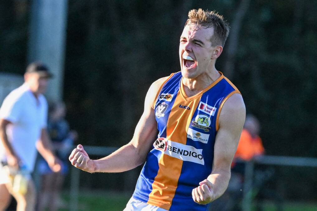 Jake Thrum celebrates after kicking a goal for Golden Square in the BFNL this year. Picture by Darren Howe