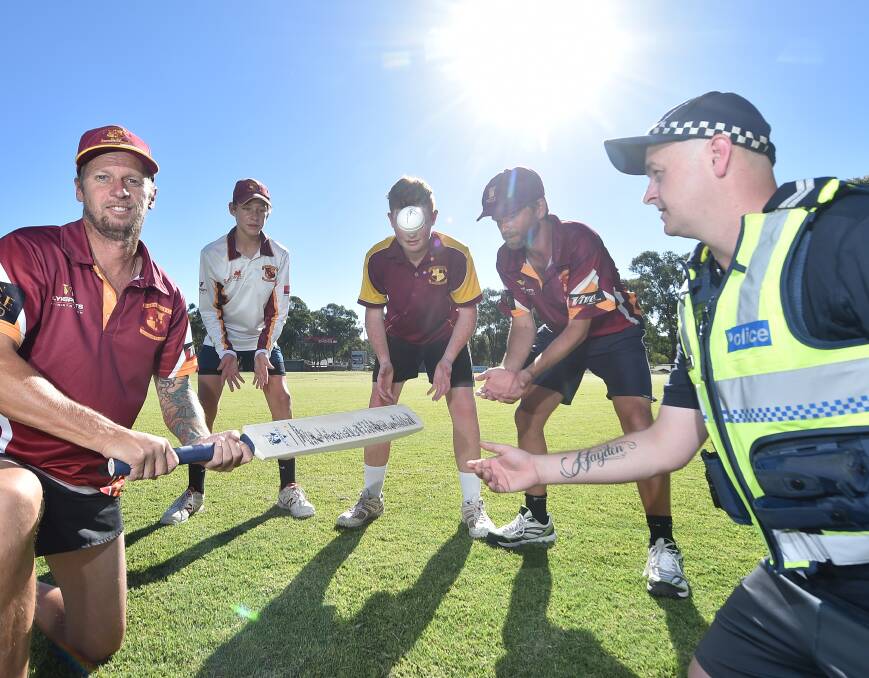 CRICKET FOR A CAUSE: Maiden Gully's Dallas Gill, Angus Chisholm, Mitch Van Poppel, Rob Brown and Senior Constable David Becker ahead of Sunday's Blue Ribbon Foundation cricket match. Picture: NONI HYETT