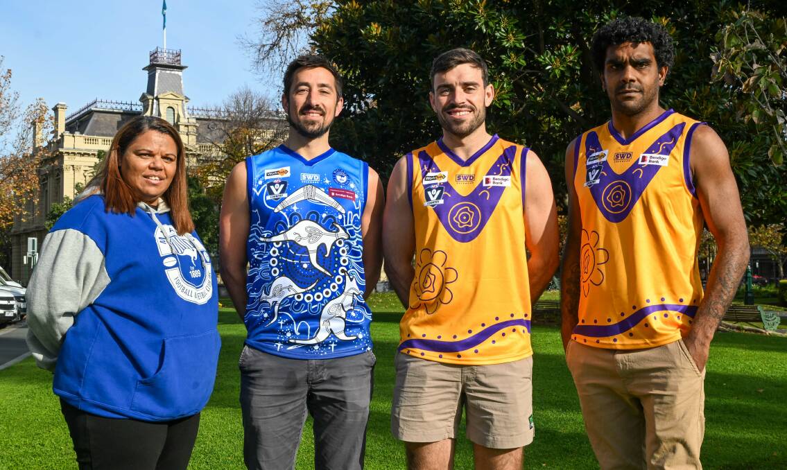 Mitiamo's Crystal West and Luke Lougoon and Bears Lagoon-Serpentine's Charlie Gadsden and AJ Edwards with Saturday's Indigenous guernseys. Picture by Enzo Tomasiello