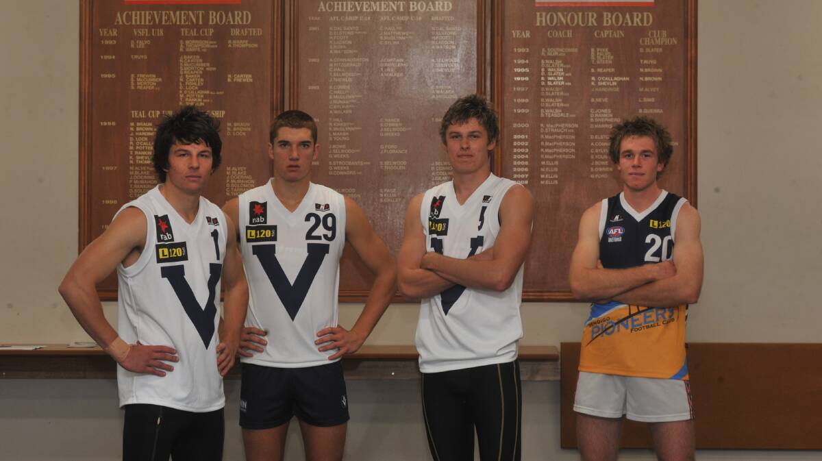 Bendigo Pioneers teammates Kallen Geary, Dustin Martin, Shane Page and Jordan Williams after earning selection for the 2009 AFL National Under-18 Championships.