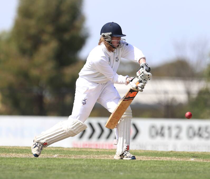 FRONT FOOT: Strathfieldsaye's Beauden Rinaldi defends during his innings of 26 against Eaglehawk at Canterbury Park. The Jets were beaten by 103 runs.