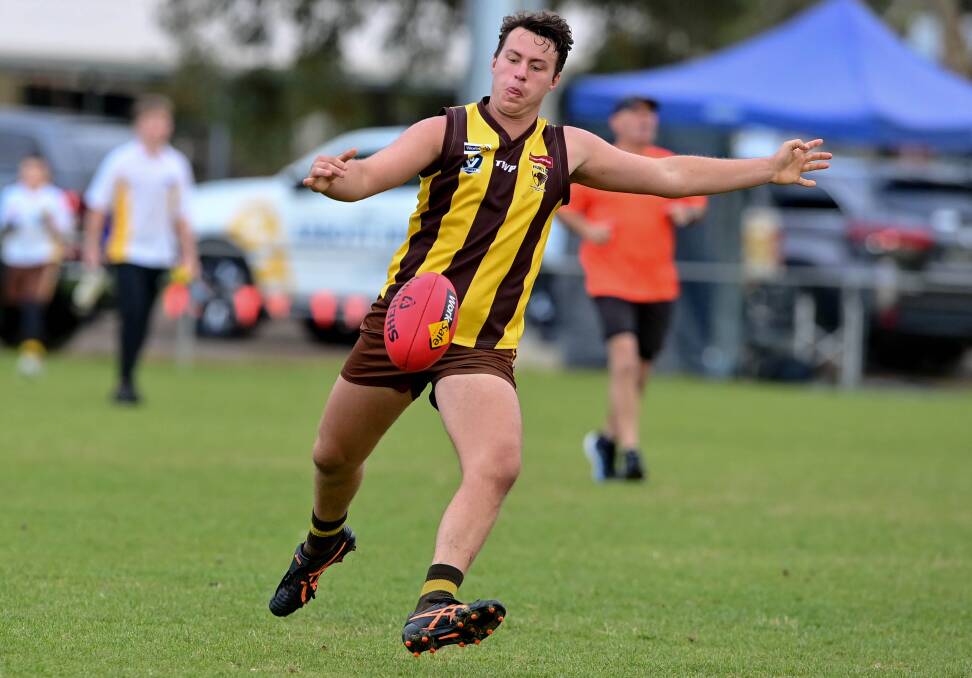 Huntly forward Lachy Wilson kicked five goals in the Hawks' 27-point win over Elmore in the HDFNL on Saturday. Picture by Brendan McCarthy