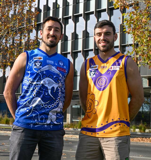 Mitiamo captain Luke Lougoon and Bears Lagoon-Serpentine skipper Charlie Gadsden with their club's Indigenous guernseys. Picture by Enzo Tomasiello