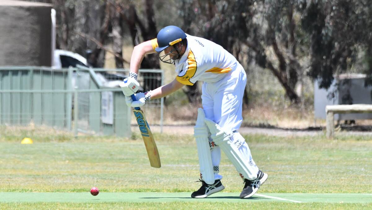 Axe Creek opener Joel Bish defends during his innings of 54 against United on Saturday. Picture by Luke West
