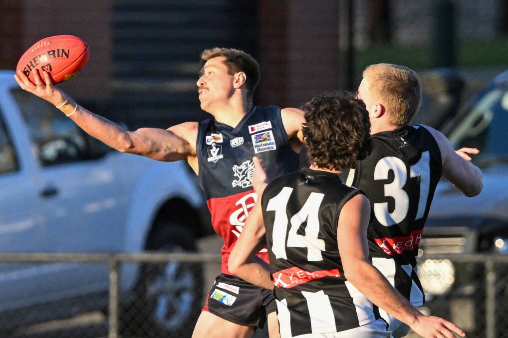 Sandhurst's Fergus Greene marks in the last quarter against Castlemaine on Saturday. Greene booted seven goals in the Dragons' 51-point win. Picture by Darren Howe