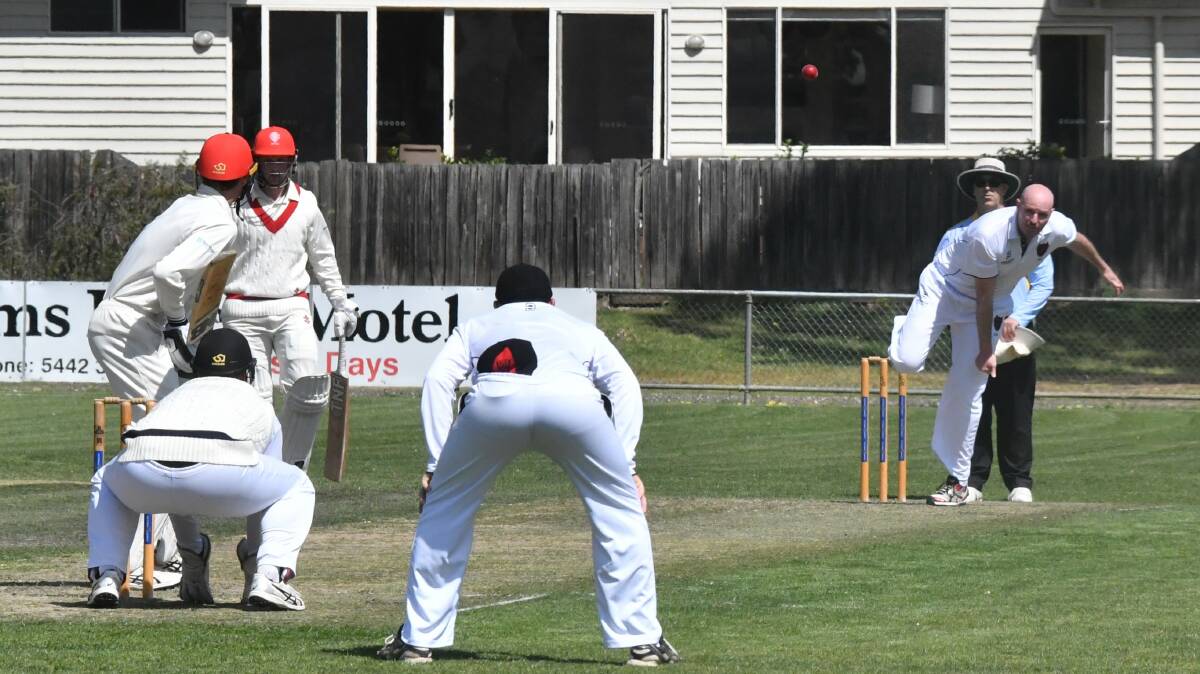 New White Hills' off-spinner Michael Nalesnyik bowls to Bendigo United's Wil Piniger at Harry Trott Oval on Saturday. Nalesnyik took 4-24 off 19 overs.