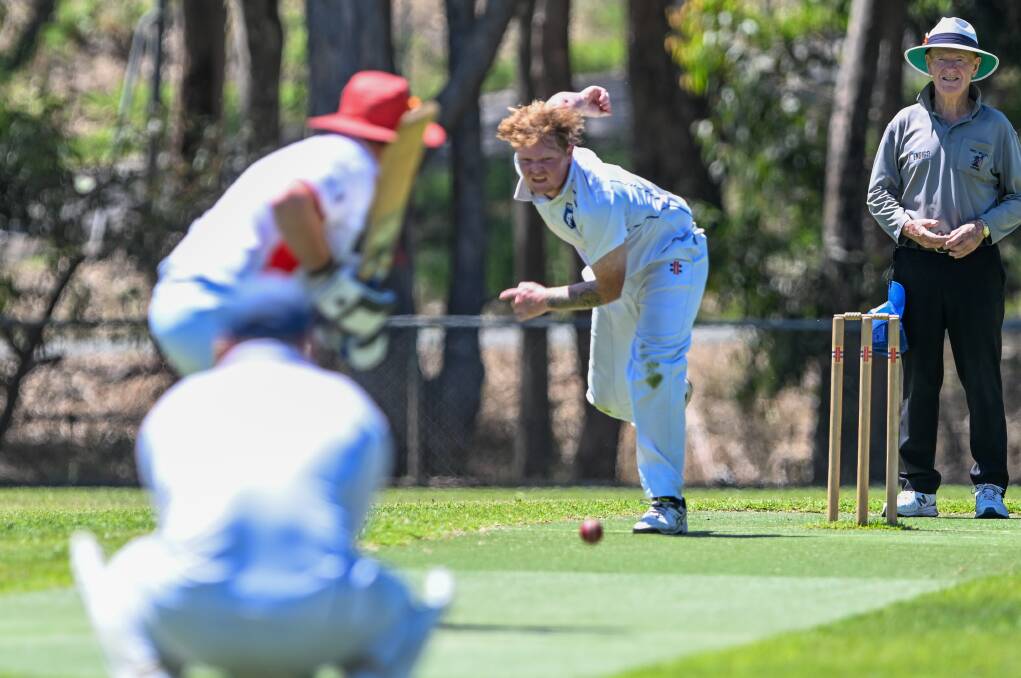 Marong's Mitch Van Poppell bowls against Mandurang on Saturday in round 10 of the EVCA. Picture by Enzo Tomasiello