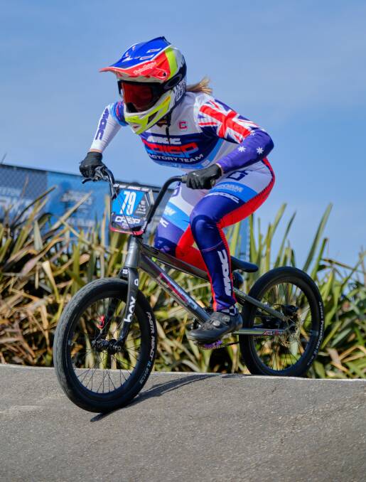 Jaclyn Wilson competing in her beloved sport of BMX racing. Picture by Take Ike