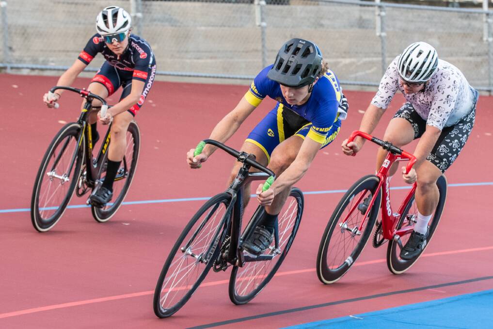 Jack Ketterer, Sam O'Dea and Haylee Jack in the McCaig Air Conditioning Wheelrace final. Picture by Richard Bailey