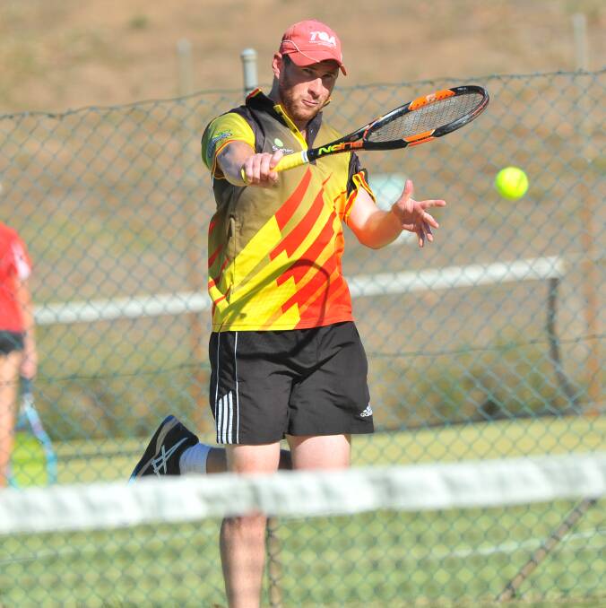BACKHAND: Epsom's Jack Baker. Epsom meets Spring Gully Butterflies in Friday night's BTA premier league second semi-final on the lawn courts in Barnard Street. Picture: NONI HYETT