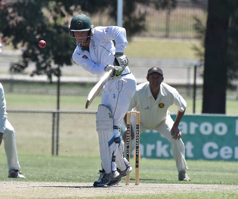SQUARED UP: Kangaroo Flat's Jake Klemm during his innings of 16 against Bendigo. The Roos retained their spot at the top of the ladder. Picture: NONI HYETT
