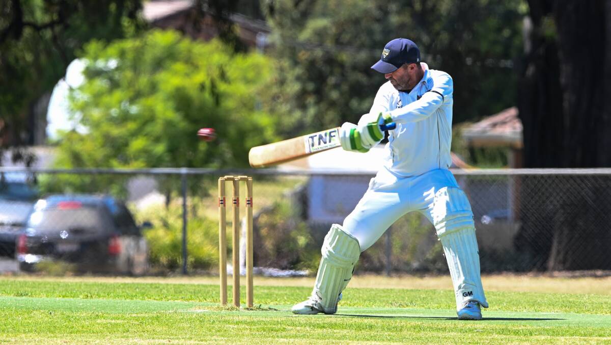 Sedgwick opener Greg Thomas plays a cut shot during his innings of 112 against California Gully on Saturday. Picture by Enzo Tomasiello
