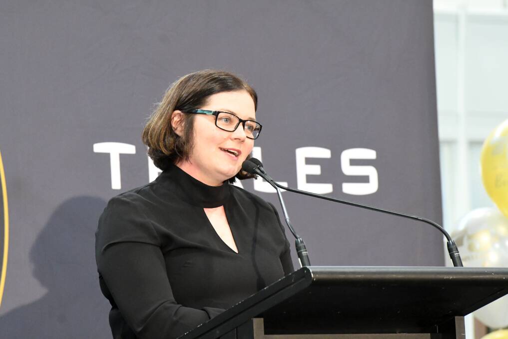 Lisa Chesters addresses a gathering of Thales staff in 2018. Picture by Noni Hyett