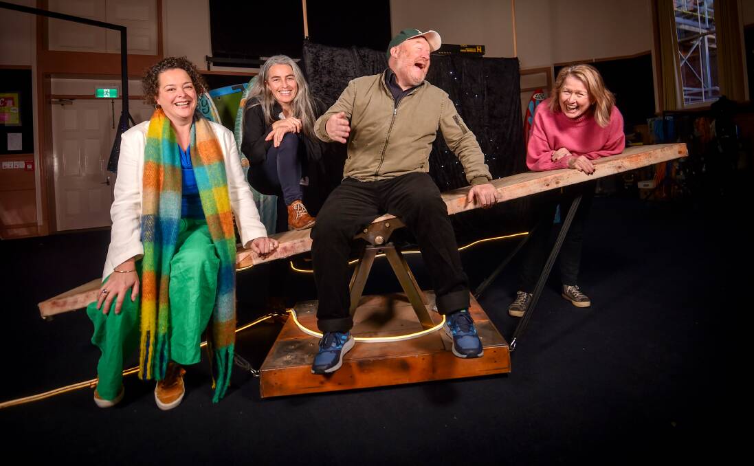 Arena Theatre Co's Kristen Beever, Caitlin WIlliams, Christian Leavesley and Debra Allanson play with a prop at the group's Bendigo workshop. Picture by Darren Howe.
