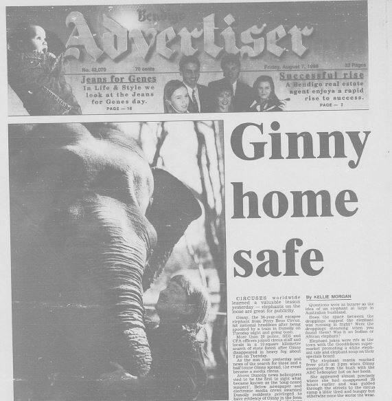 The front page of the Bendigo Advertiser on Thursday, August 7, 1998, the day after Ginny was located. Image courtesy of the Bendigo Library