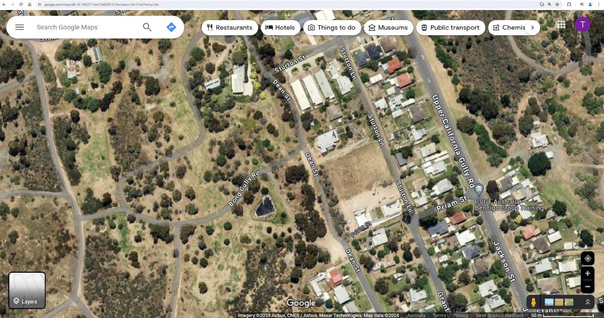 A screenshot of Google Maps shows Upper California Gully to the right. Two streets over is Dean Street and, according to the map, Bong Gully Road.